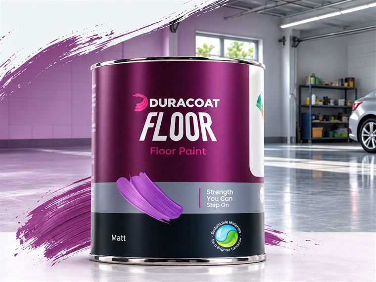 Duracoat Floor can with a purple paint swatch, in a garage with a car