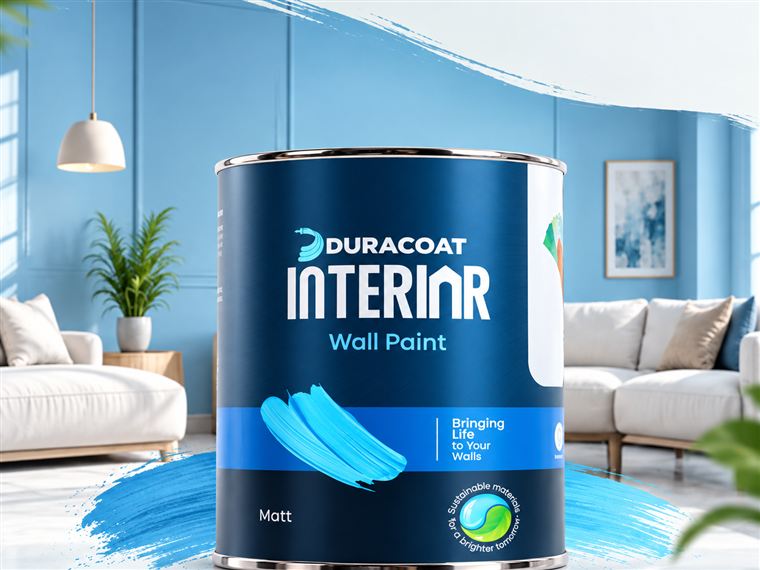 Duracoat Interior can with a blue paint swatch, in front of a living room wall