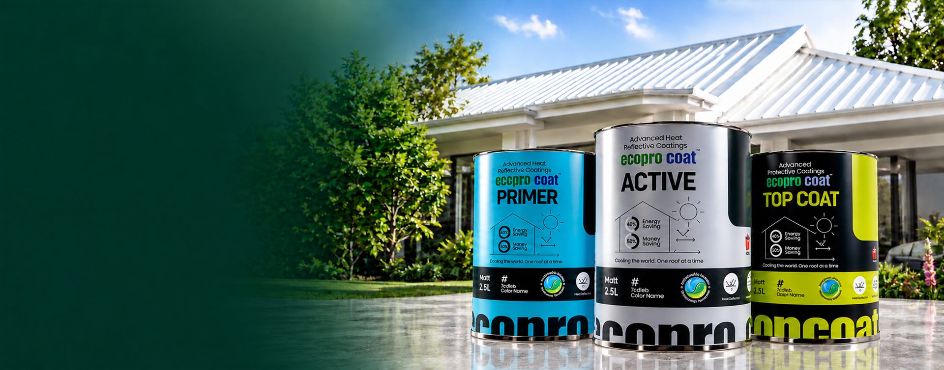 Ecopro Coat — Primer, Active Coat and Top Coat cans in front of a home with a heat-reflective roof